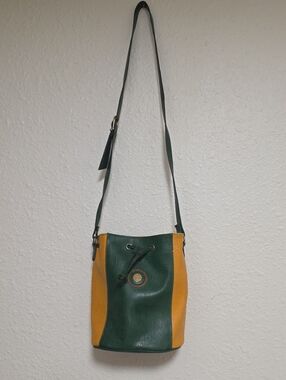 Perry Ellis Green and Mustard Two-Tone Leather Bucket Bag